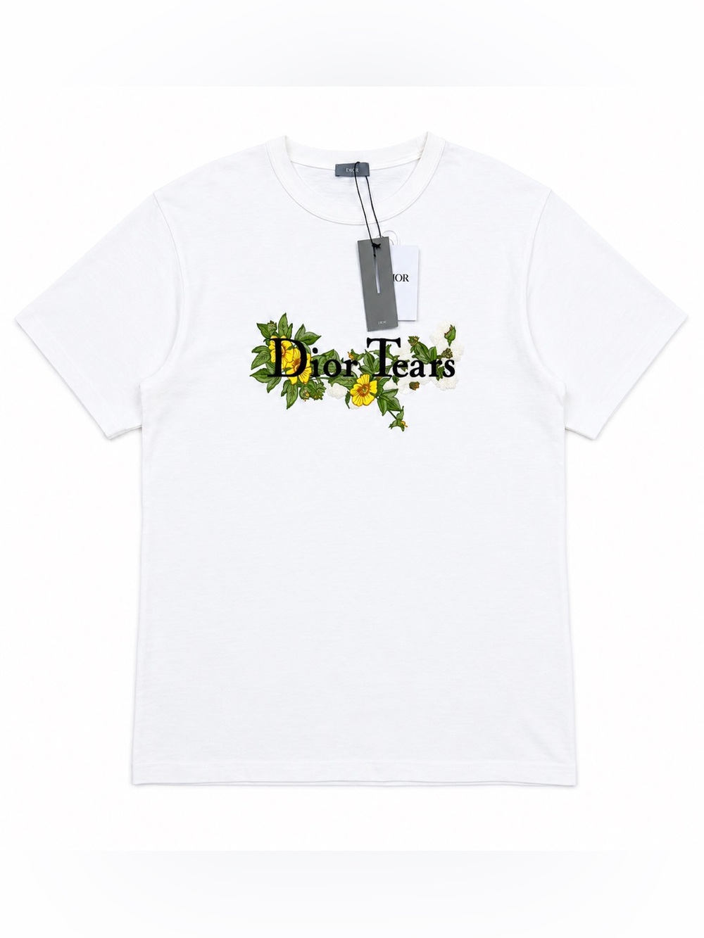 Dior White Tee with Yellow & Green Floral 'Dior Tears' Logo